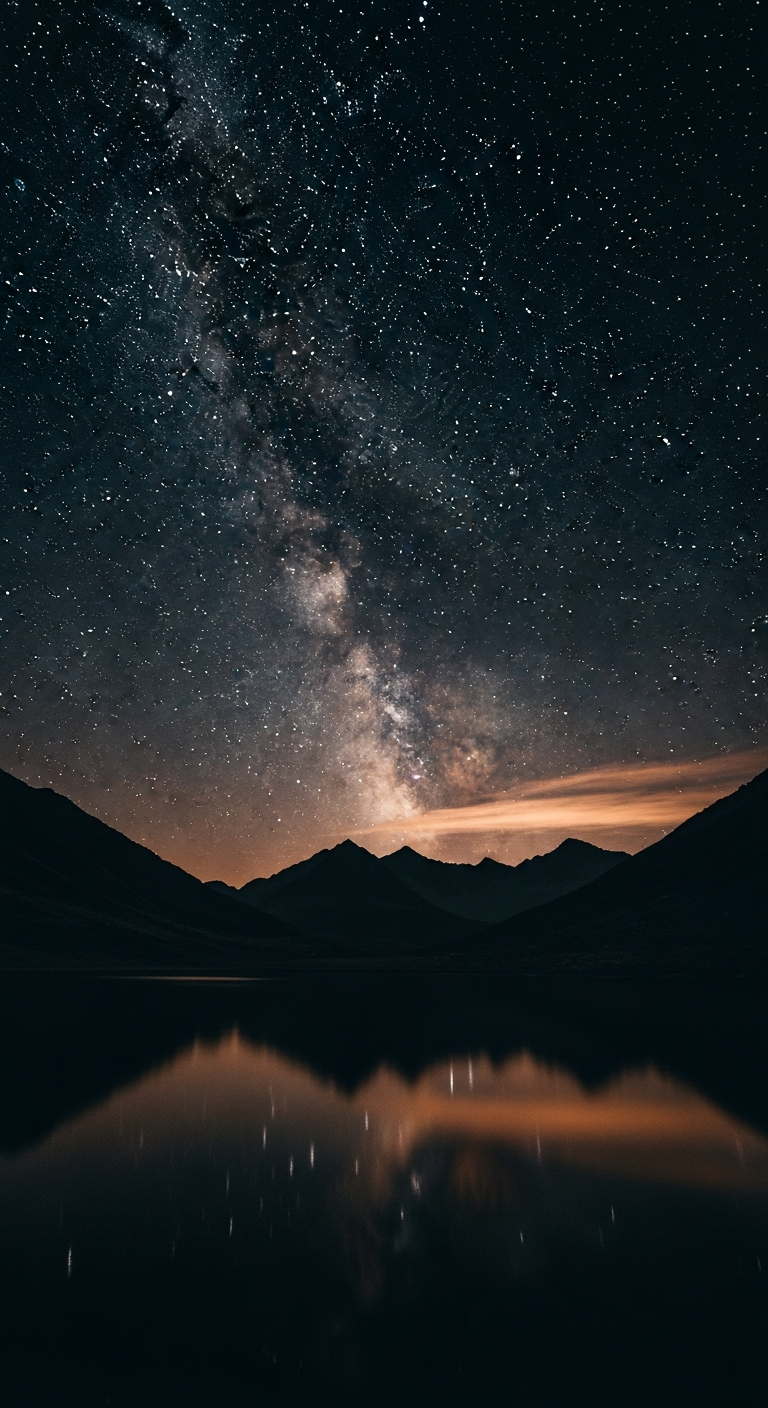 Starry night sky over mountains reflected in a still lake